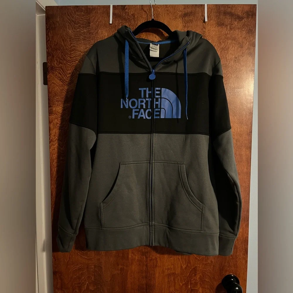 The North‎ Face Gray, Black and Blue Zip-Up Hoodie